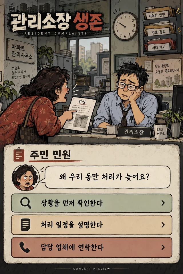 민원 대응 콘셉트 이미지. 관리사무소 창구에서 주민이 민원서를 내밀고, 아래에 대응 선택지가 놓인 화면 디자인 예시
