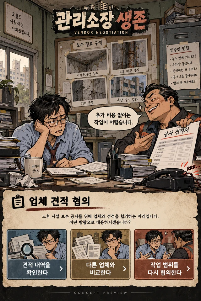 업체 협의 콘셉트 이미지. 보수 공사 견적서를 내민 업체 담당자와 고민하는 관리소장, 아래에 대응 선택지가 놓인 화면 디자인 예시