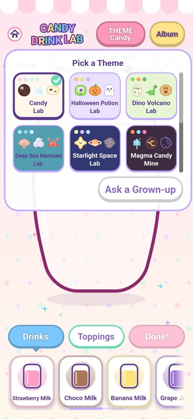개발 빌드 화면. Pick a Theme 창에서 Candy Lab, Halloween Potion Lab, Dino Volcano Lab, Deep Sea Mermaid Lab, Starlight Space Lab, Magma Candy Mine 테마를 고르고, 아래에 음료 선택 목록이 있는 화면