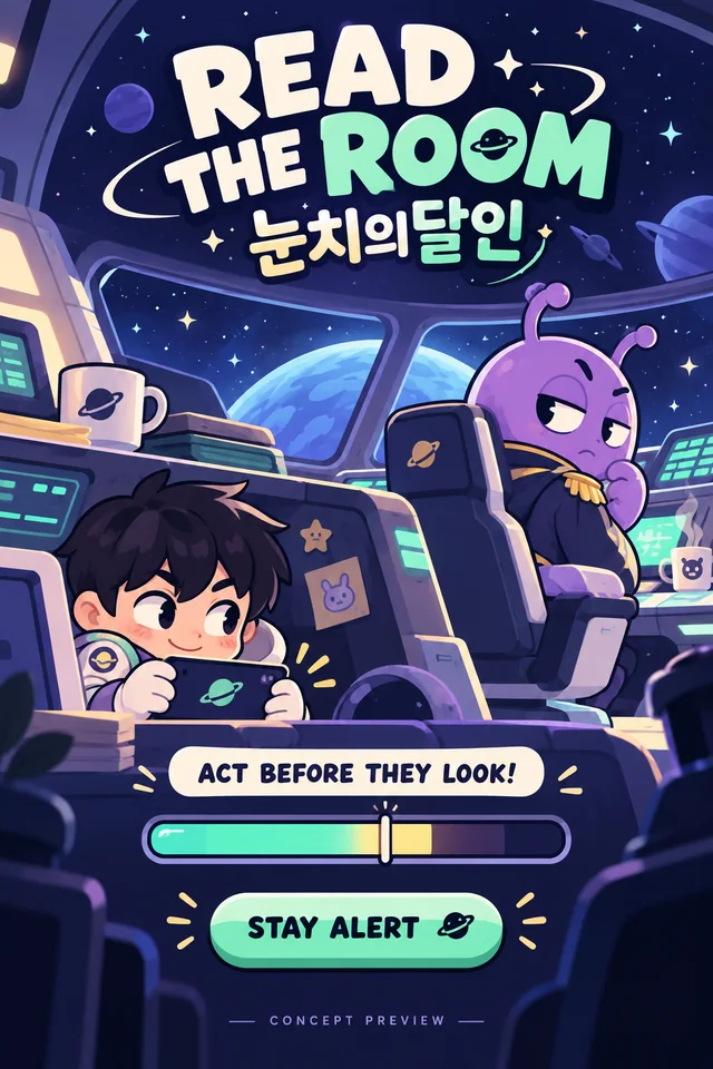 외계인 테마 콘셉트 이미지. 우주선 조종실에서 주인공이 외계인 함장의 시선을 살피는 장면
