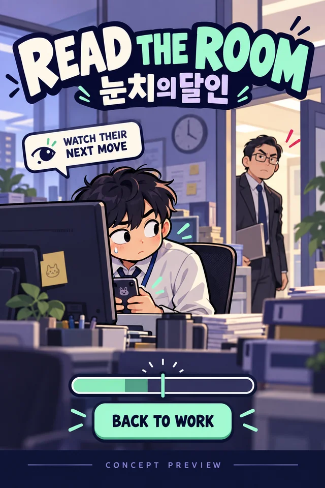 회사 테마 콘셉트 이미지. 사무실에서 휴대폰을 보던 주인공이 문 앞에 선 상사의 움직임을 살피는 장면